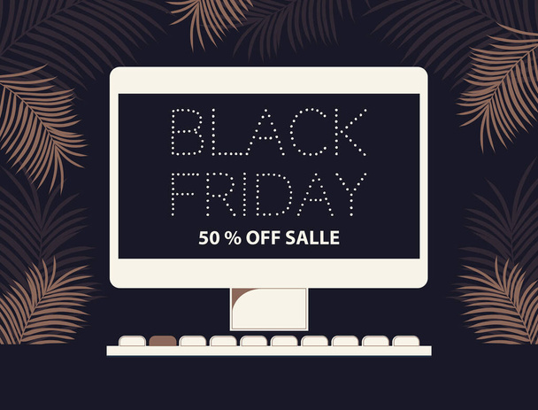Black Friday on the computer monitor screen. Discounts, sale online. Fashionable stylish flat vector illustration - Διάνυσμα, εικόνα