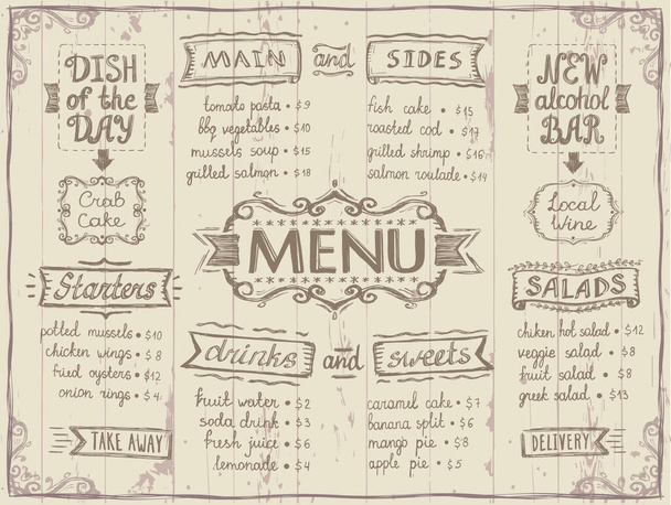 Menu list old style board design for cafe or restaurant - main and sides, drinks and sweets, salads and starters, dish of the day and alcohol bar. Wooden backdrop - Vettoriali, immagini