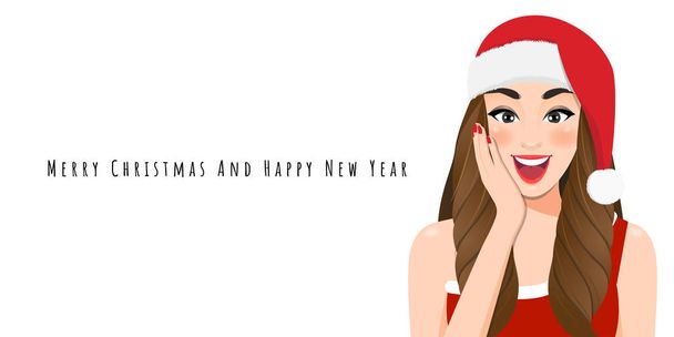 Excited Christmas girl in red dress and christmas santa hat with Happy new year and Merry Christmas festival cartoon character on the white background vector illustration  - Vektor, kép