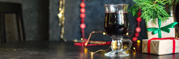 mulled wine or red wine christmas background festive table setting holidays party new year meal top view copy space for text food background rustic - Photo, Image