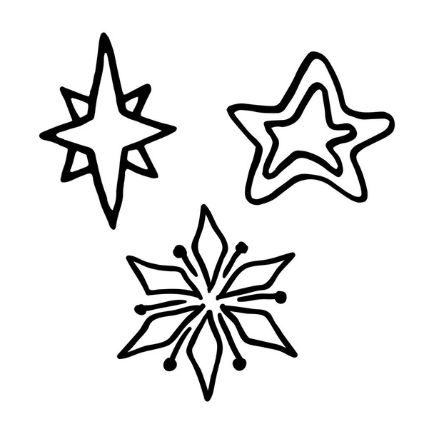 Kézzel rajzolt karácsonyi csillagok firka design elemek készlet. Téli ünnepek üdvözlő kártya elem elszigetelt fehér háttér. Vektorillusztráció. - Vektor, kép