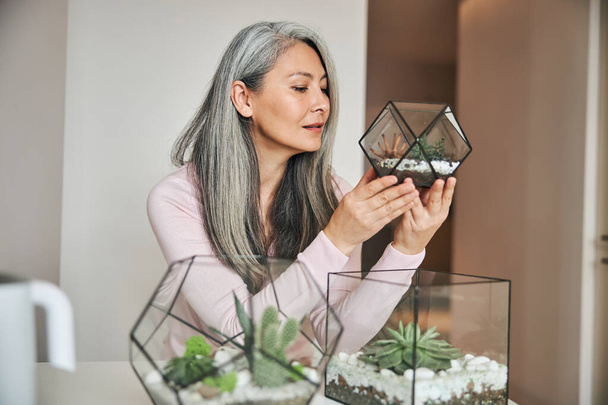 Bella donna in possesso di vetro geometrico succulento florario - Foto, immagini