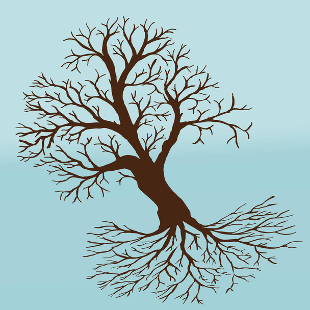 Un albero della vita in inverno con una corona vuota e radici. Lo sfondo è blu ghiaccio - Vettoriali, immagini