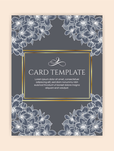 Vector botanical floral wedding invitation elegant card monochrome template. Apple flowers and golden frame. Romantic design for greeting card, natural cosmetics, women products. - Vektör, Görsel