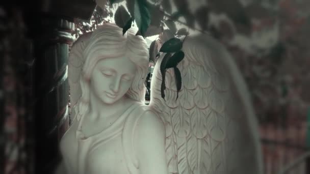 Figura de um anjo orante. Uma estátua de pedra muito antiga. .. Anjo triste como símbolo de dor, medo e fim da vida. - Filmagem, Vídeo