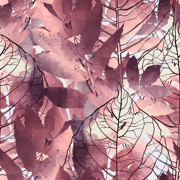 Imprints abstract fantastic tender leaves with veins mix repeat seamless pattern. Digital hand drawn picture with watercolour texture. Mixed media artwork. Endless motif for textile decor and botanical design - Valokuva, kuva