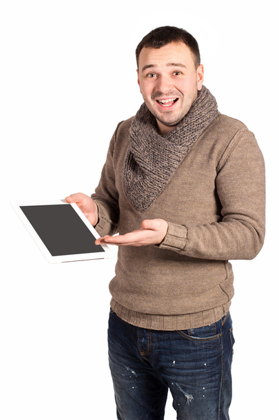 Young man holding a electronic tablet.  Businessman working on his e-book. - Fotó, kép