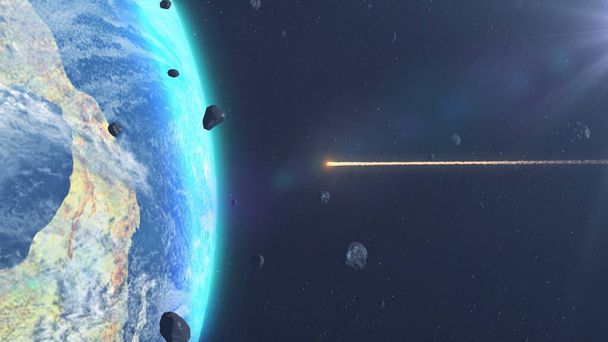 3D-renderöinti, steroidit Meteoriitit ja kivet Iskevät Maan ilmakehään - Valokuva, kuva