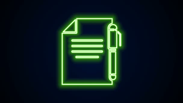 Gloeiende neon lijn Document en pen pictogram geïsoleerd op zwarte achtergrond. Bestand icoon. Checklist icoon. Bedrijfsconcept. 4K Video motion grafische animatie - Video