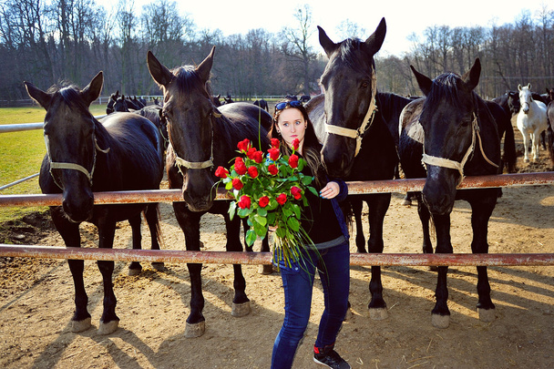 Bella giovane donna con mazzo di rose e cavalli neri
 - Foto, immagini