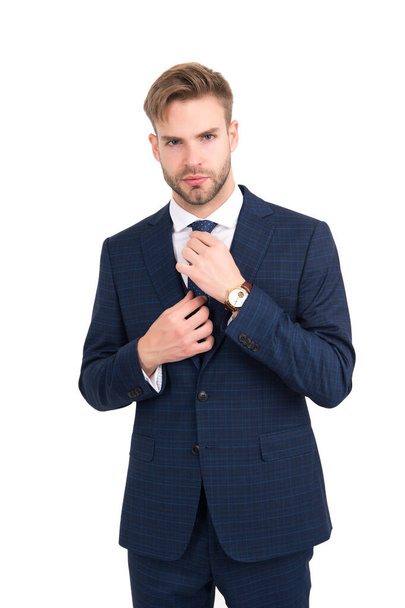 Assistant manager fix necktie wearing elegant vested blue suit in formal fashion style isolated on white, formalwear - Foto, afbeelding