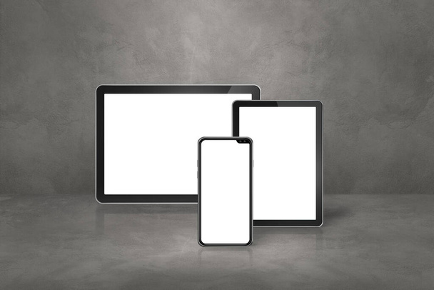 Mobile phone and digital tablet pc on concrete office scene. 3D Illustration - Photo, image