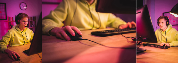 Kolaż wściekłego gracza w słuchawkach za pomocą komputera w domu, baner  - Zdjęcie, obraz