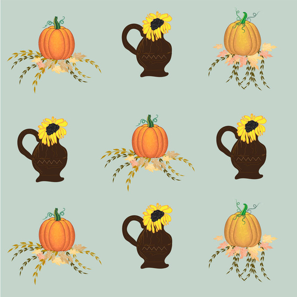 Calabaza y una jarra vieja. Diseño de otoño para tela. Ilustración vectorial eps - Vector, imagen