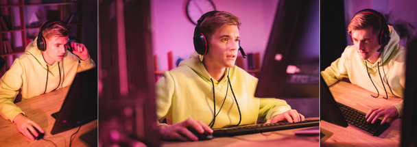 Collage of young gamer in headset playing video game on computer at home, banner  - Photo, Image