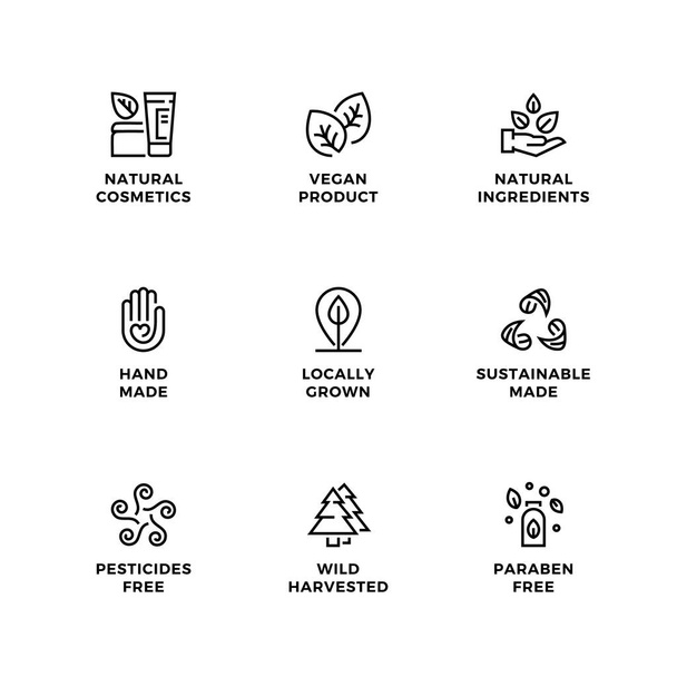 Set vettoriale di elementi di design, logo design template, icone e badge per eco e bio prodotti. Bianco e nero, set icone linea, tratto modificabile. - Vettoriali, immagini