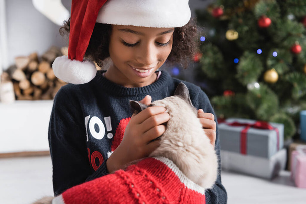 Радісна афріканська дівчина в Санта капелюх гладить пухнастого кота на розмитому фоні. - Фото, зображення