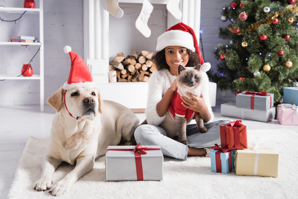 smiling african american girl stroking cat near labrador dog, christmas tree and gift boxes  - Foto, Bild