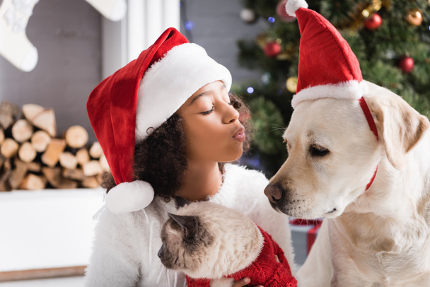 african american girl in santa hat sending air kiss to labrador while holding fluffy cat on blurred background - Photo, Image