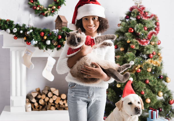 happy african american girl holding furry cat near labrador dog, decorated fireplace and christmas tree on blurred background - Photo, Image