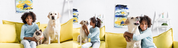 Collage de niña afroamericana sonriente sentada cerca de perro y gato, abrazando y besando a labrador en casa, pancarta - Foto, Imagen