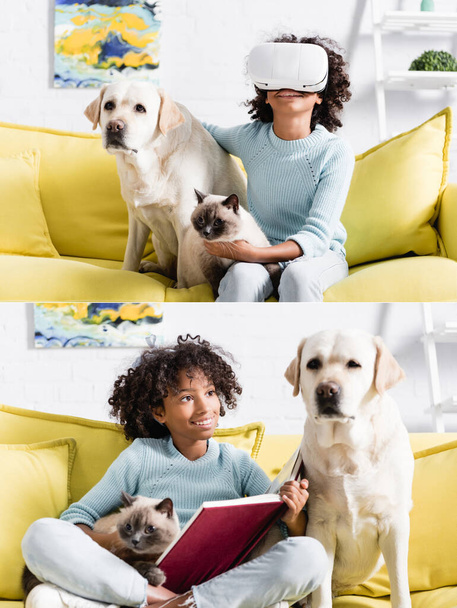 Collage van vrolijk meisje in vr headset, omarmen huisdieren, vasthouden van open boek en kijken naar labrador knipogen thuis  - Foto, afbeelding