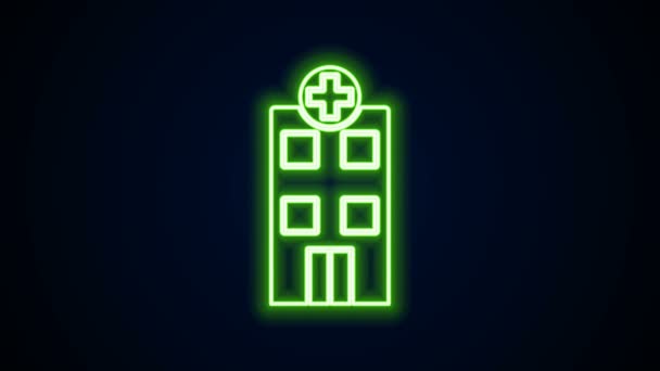 Ligne lumineuse néon Bâtiment hospitalier médical avec icône croix isolée sur fond noir. Centre médical. Soins de santé. Animation graphique de mouvement vidéo 4K - Séquence, vidéo