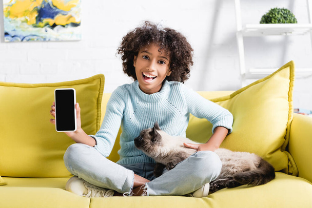 Emocionado chica afroamericana mostrando teléfono inteligente con pantalla en blanco y acariciando gato, sentado en el sofá sobre fondo borroso - Foto, Imagen