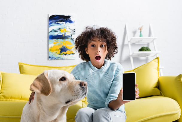 excitada chica afroamericana mostrando un teléfono inteligente con pantalla en blanco y sentada cerca de retriever en un sofá sobre un fondo borroso - Foto, imagen