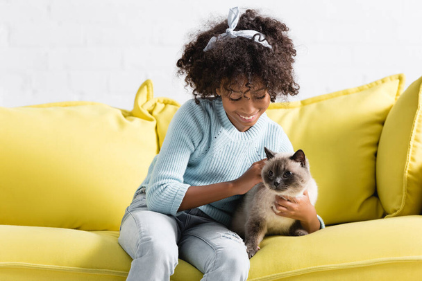 Happy african american girl with headband stroking and looking at cat, while sitting on sofa at home - Foto, immagini