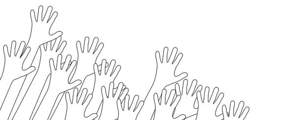 EPS wektor ilustracji wielu różnych szarych kolorowych ludzi wyciągnąć ręce w górę symbolizujące współpracę lub przyjaźń różnorodności - Wektor, obraz