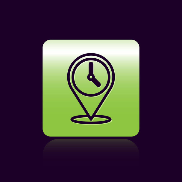 Línea negra Ubicación con icono de reloj aislado sobre fondo negro. Botón cuadrado verde. Vector. - Vector, Imagen