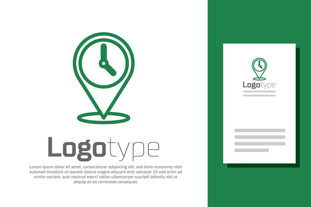Linea verde Posizione con icona dell'orologio isolata su sfondo bianco. Elemento modello di design logo. Vettore. - Vettoriali, immagini