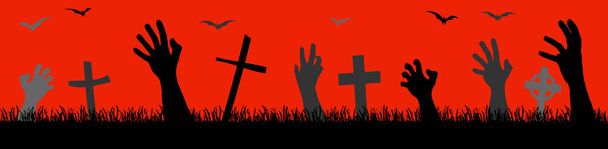 EPS 10 vector bestand naadloos silhouet met zombie handen, grafstenen en enge vleermuizen voor Halloween achtergrond lay-outs - Vector, afbeelding