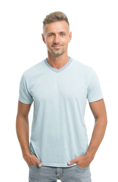 Man model clothes shop. Menswear and fashionable clothing. Man calm face posing confidently white background. Man looks handsome in casual shirt. Guy with bristle wear casual outfit. Fashion concept - Foto, Bild
