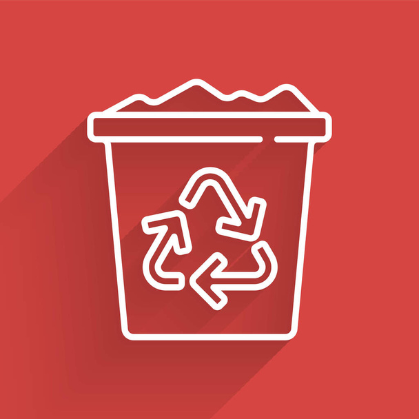 Línea blanca Papelera de reciclaje con icono de símbolo de reciclaje aislado con sombra larga. Icono de bote de basura. Cartel de basura. Reciclar signo de cesta. Vector. - Vector, imagen