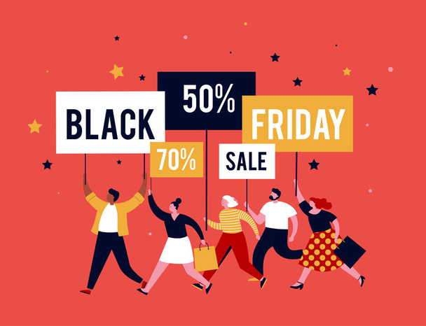 Black friday, mega sale banner, scene with a crowd, women and men running with shopping bags. Sale concept design - Vector, Image