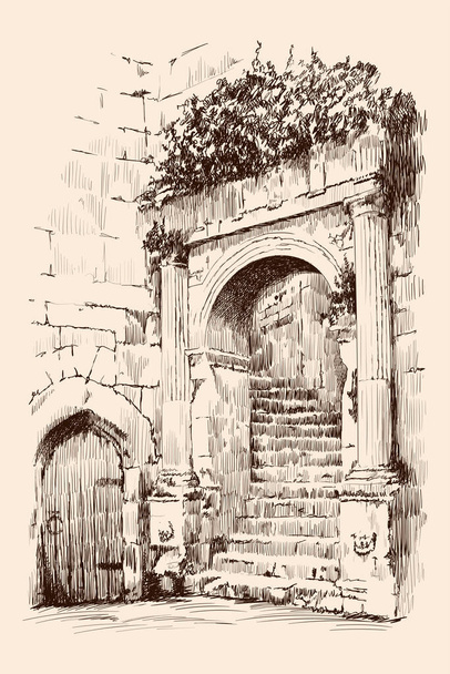 Фрагмент городского каменного здания со спиральной лестницей, аркой и дверью. - Вектор,изображение