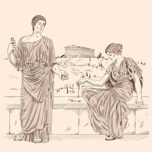 Ένας αρχαίος Έλληνας ποιητής απαγγέλλει ποίηση σε μια γυναίκα που κάθεται σε ένα πέτρινο στηθαίο με φόντο το τοπίο της πόλης των Αθηνών. - Διάνυσμα, εικόνα