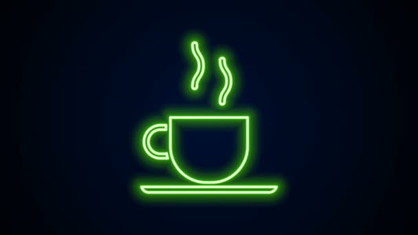 Ragyogó neon vonal Kávé csésze ikon elszigetelt fekete háttér. Teáscsésze. Forró kávé. 4K Videó mozgás grafikus animáció - Felvétel, videó