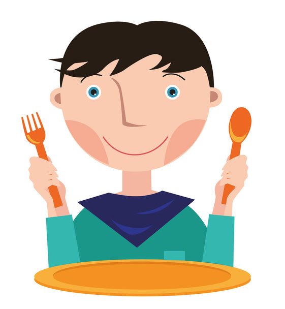 Il tipo, con un cucchiaio e una forchetta in mano, davanti a un piatto vuoto in attesa di cibo. Fondo bianco - Vettoriali, immagini