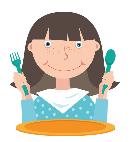 スプーンで女の子と食べ物を待っている空のプレートの前で彼女の手の中にフォーク。白地 - ベクター画像