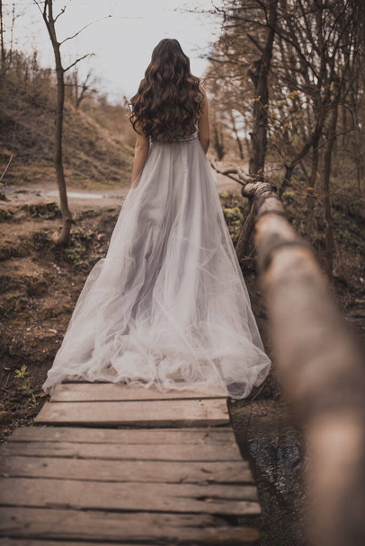 zwangere vrouw in de buurt van bergen wandelingen langs een houten brug - Foto, afbeelding