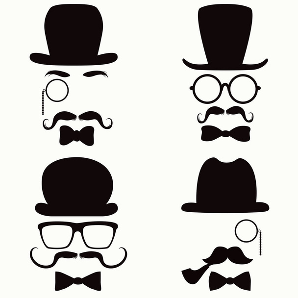 Collection of vintage style silhouette people heads with hats, mustaches, monocles, glasses and ties - Vektör, Görsel