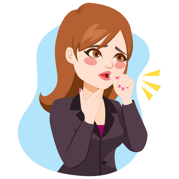 Illustration of young businesswoman coughing with fist in front of mouth and hand on neck - Διάνυσμα, εικόνα