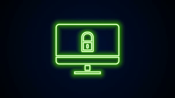 Ragyogó neon vonal Zár a számítógép monitor képernyőjén ikon elszigetelt fekete háttér. Biztonság, biztonság, védelem. Biztonságos hálózat. 4K Videó mozgás grafikus animáció - Felvétel, videó