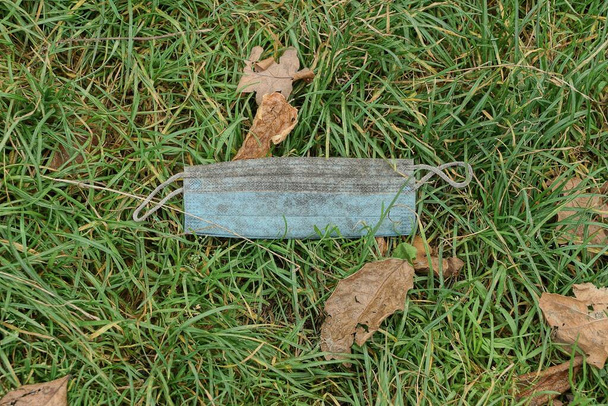 сміття з однієї старої брудно-блакитної медичної маски лежить на зеленій траві і коричневого опалого листя в природі
 - Фото, зображення