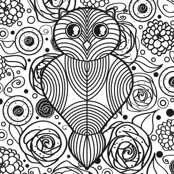 Neliö koristeellinen kuvio hahmoteltu pöllö. Käsin piirretty koristeellinen tausta. Musta ja valkoinen kuva - Vektori, kuva