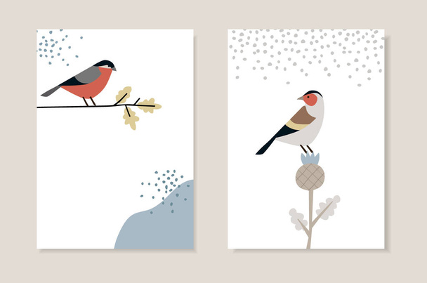 Set of Christmas Scandinavian greeting cards, invitations. Bullfinch bird siting on oak branch. European goldfinch with thistle and falling snow. Nordic retro design, Vector illustration background. - Vecteur, image
