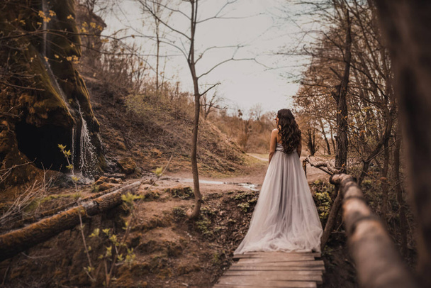 pregnant woman near mountains walks along a wooden bridge - Foto, Imagen